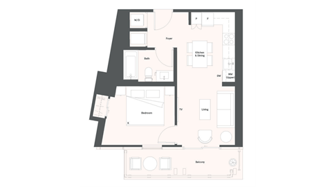 Floor plan for 1 bed, 1 bath, 510 sqft